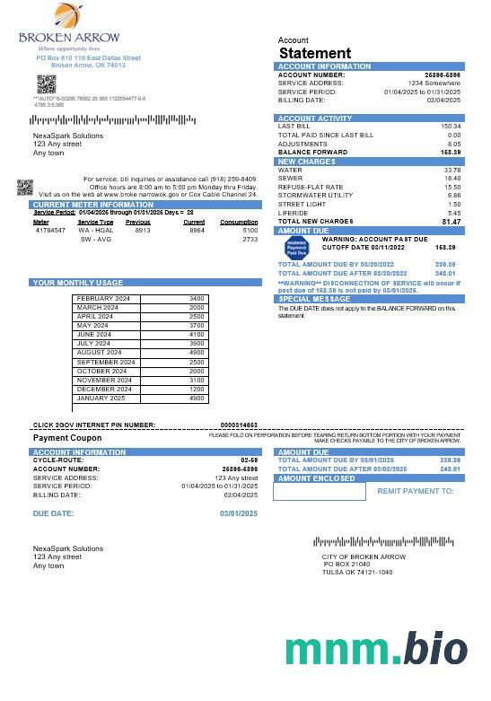 USA Oklahoma City of Broken Arrow rachunek za usługi komunalne szablon w formatach Word i PDF